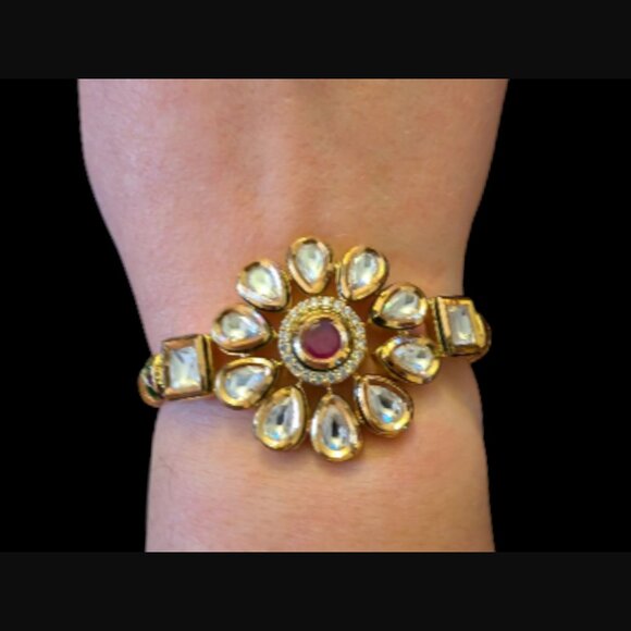 Kudan Gold Plated Ruby And CZ Hinged Bangle Bracelet 6.25" - Picture 2 of 12
